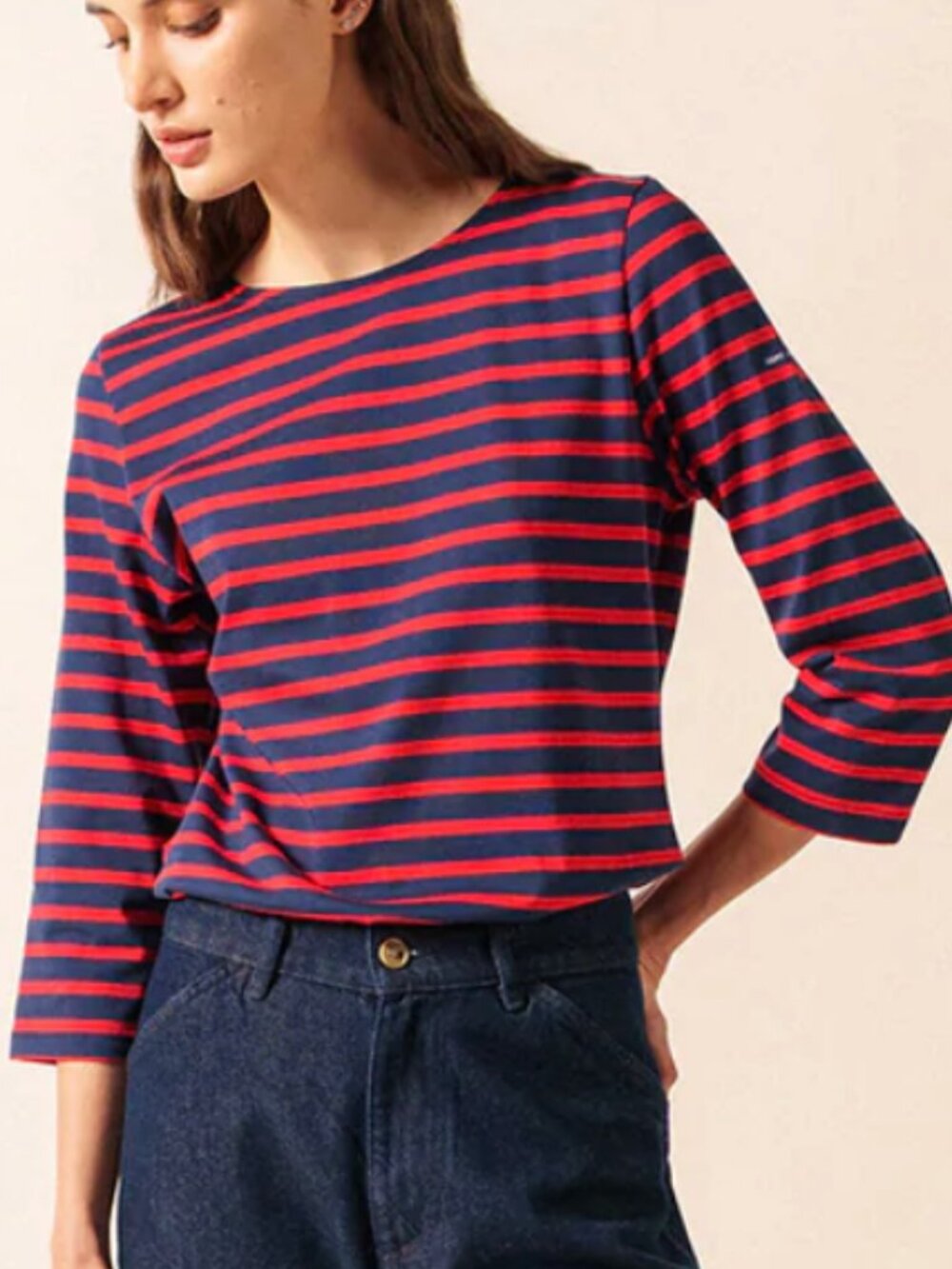 Saint James GALATHEE II Breton Striped Top Navy/Red wm sz 10 (slim)